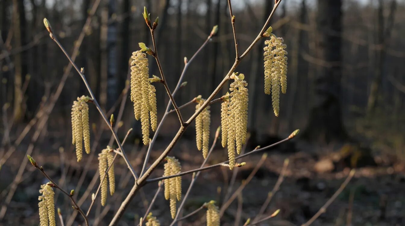Ein Haselstrauch am Waldrand zeigt ihre kahlen Äste, von denen herabhängende Kätzchen in der Vorfrühling-Zeit zu sehen sind. Die männlichen Blüten sind eine wichtige Nahrungsquelle für Bienen und andere Insekten.