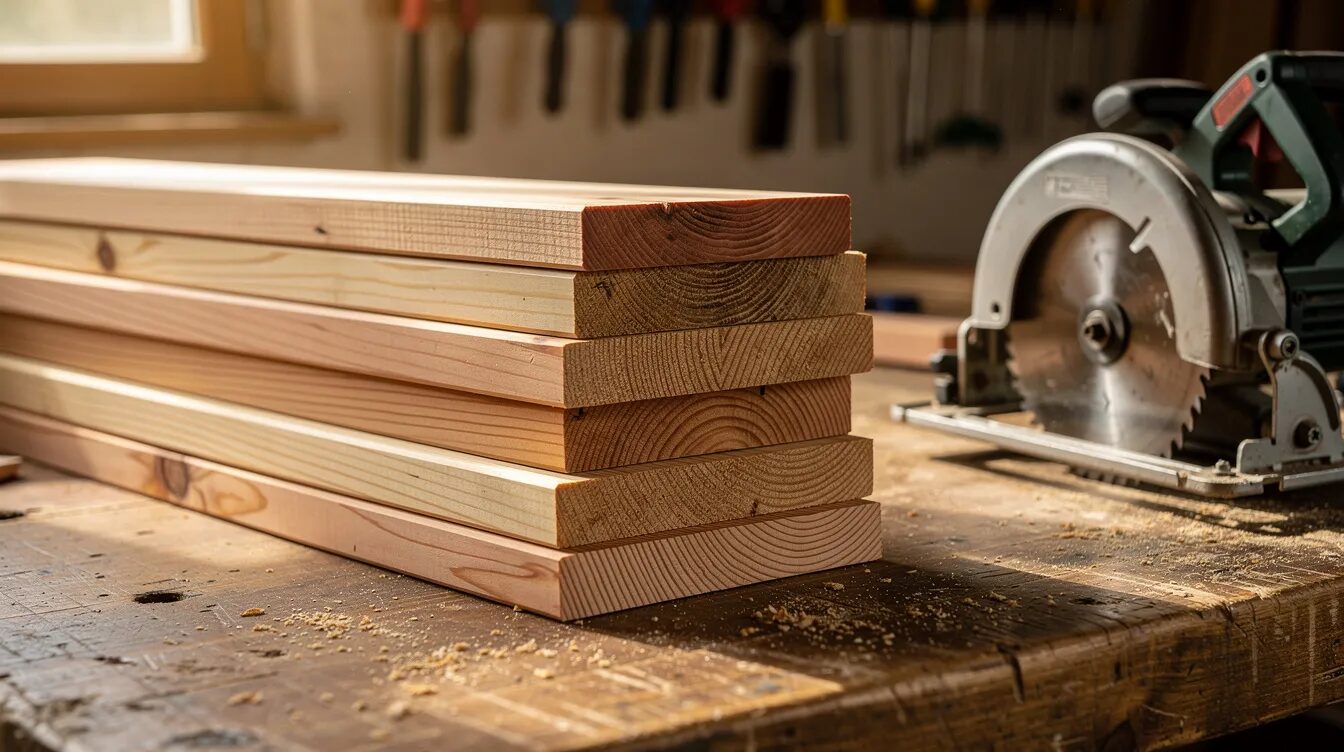 Auf der Werkbank liegen verschiedene Holzbretter aus Lärche und Douglasie, die für den Bau eines Hochbeets verwendet werden können. Neben den Brettern steht eine Säge, die für die präzise Bearbeitung der Materialien benötigt wird.