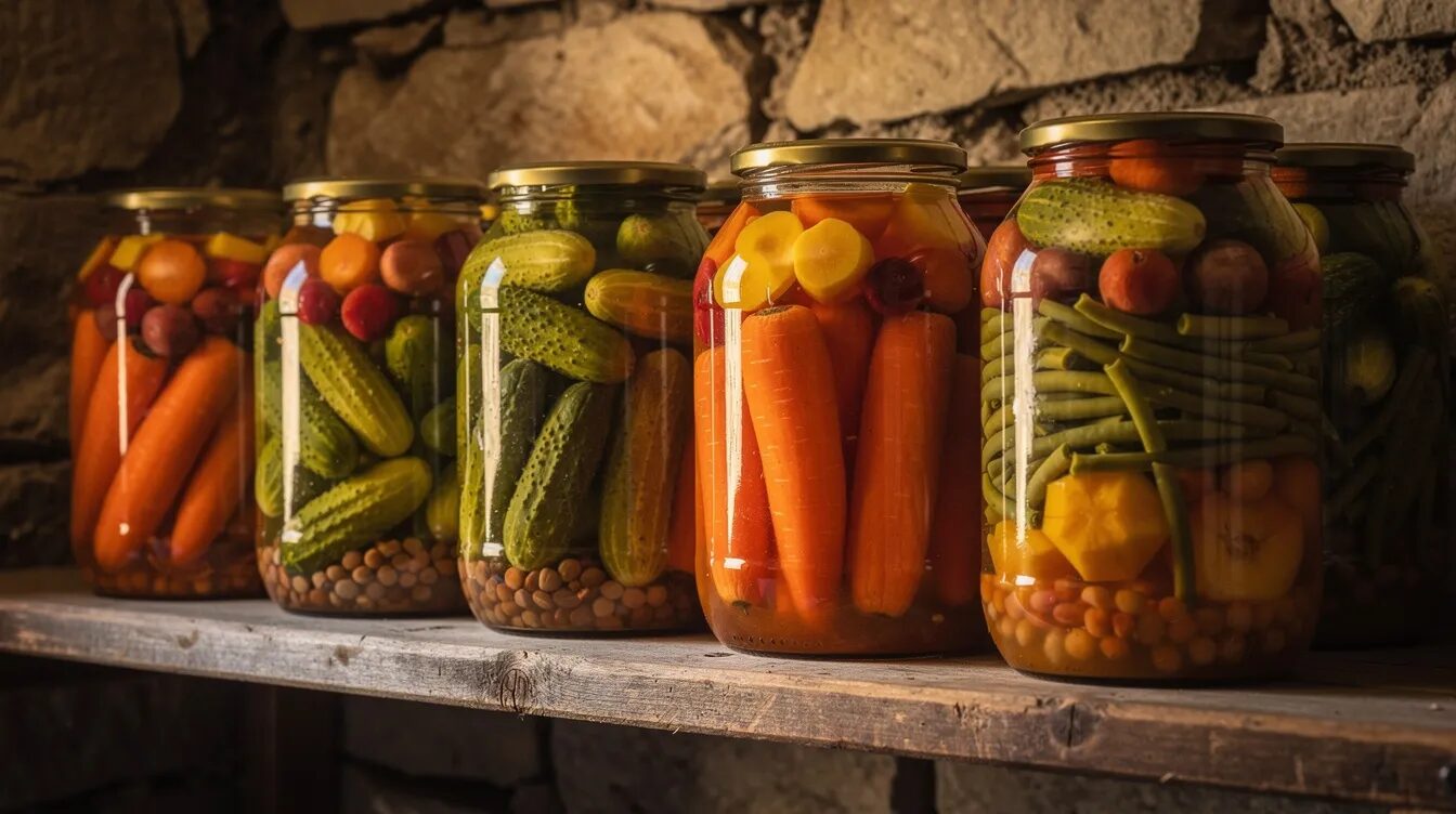Auf einem rustikalen Holzregal im Keller stehen Glasgefäße mit eingemachtem Gemüse und fruchtigem Kompott, die die Ernte aus einem Selbstversorgergarten repräsentieren. Die bunten Farben der eingelegten Obst- und Gemüsesorten verleihen dem Raum eine gemütliche Atmosphäre.