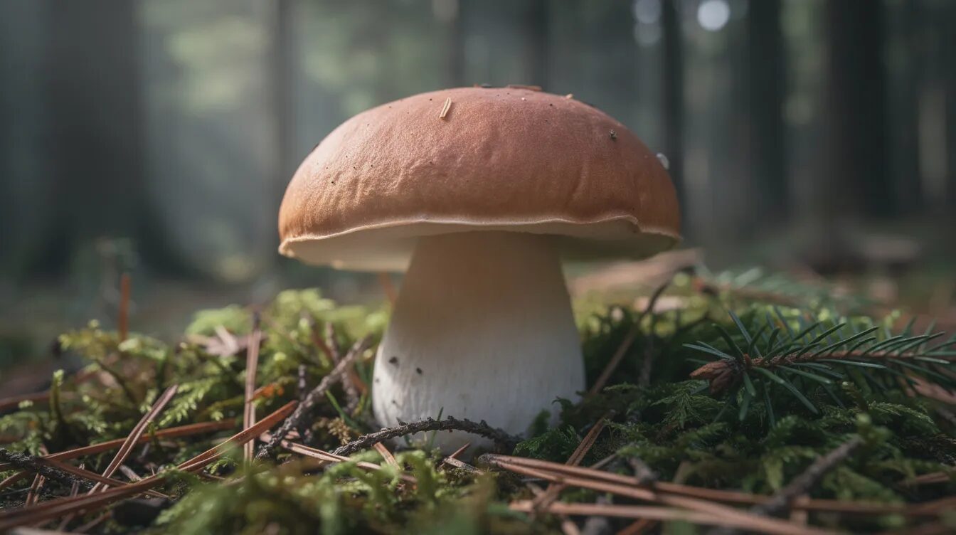 Eine Nahaufnahme eines einzelnen Steinpilzes zeigt seinen braunen gewölbten Hut und den dicken weißen Stiel, der auf dem Waldboden zwischen Moos und Fichtennadeln wächst. Dieser essbare Pilz ist ein beliebtes Ziel für Pilzsammler während der Pilzsaison und stellt eine wertvolle Bereicherung für Pilzmahlzeiten dar.