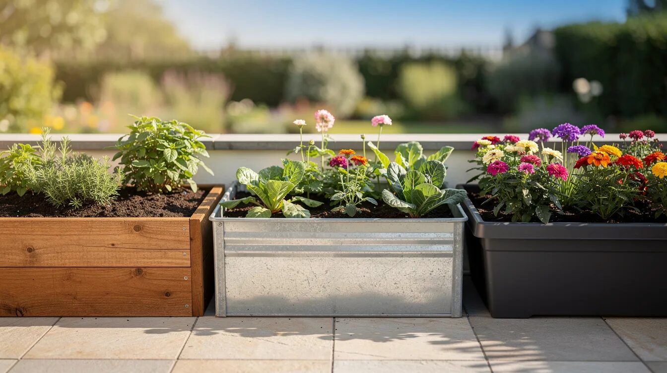 Auf einer sonnigen Terrasse stehen verschiedene Hochbeet-Materialien nebeneinander, darunter Holzbretter, ein Metalltrog und ein Kunststoffkasten, die mit frischen Pflanzen wie Kräutern und Gemüse bepflanzt sind. Diese Balkonhochbeete bieten eine ansprechende Möglichkeit für urban gardening und fördern das Pflanzenwachstum in der Stadt.