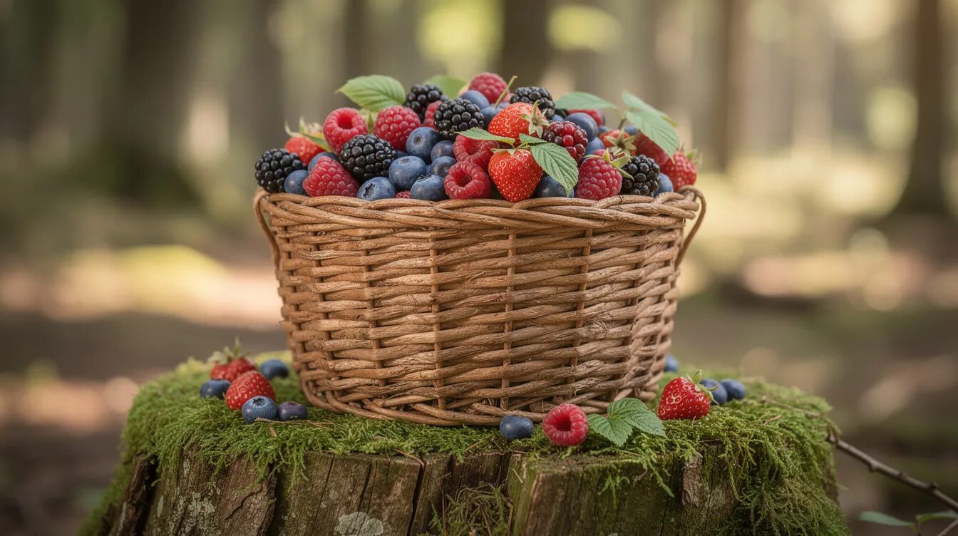 Ein geflochtener Korb, gefüllt mit einer Vielzahl frischer Waldbeeren wie Himbeeren, Heidelbeeren und Erdbeeren, steht auf einem moosbedeckten Baumstumpf am Waldrand. Diese Szene vermittelt das Gefühl von Natur und Erntezeit und lädt zum Beeren sammeln ein.