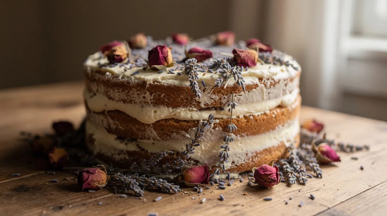 Auf einem rustikalen Naked Cake sind getrocknete Lavendelblüten und zarte Rosenblätter locker verstreut, die dem Kuchen eine elegante und natürliche Tortendekoration verleihen. Die Kombination aus blühenden Elementen sorgt für einen ansprechenden Blickfang und unterstreicht die Schönheit des Gebäcks.