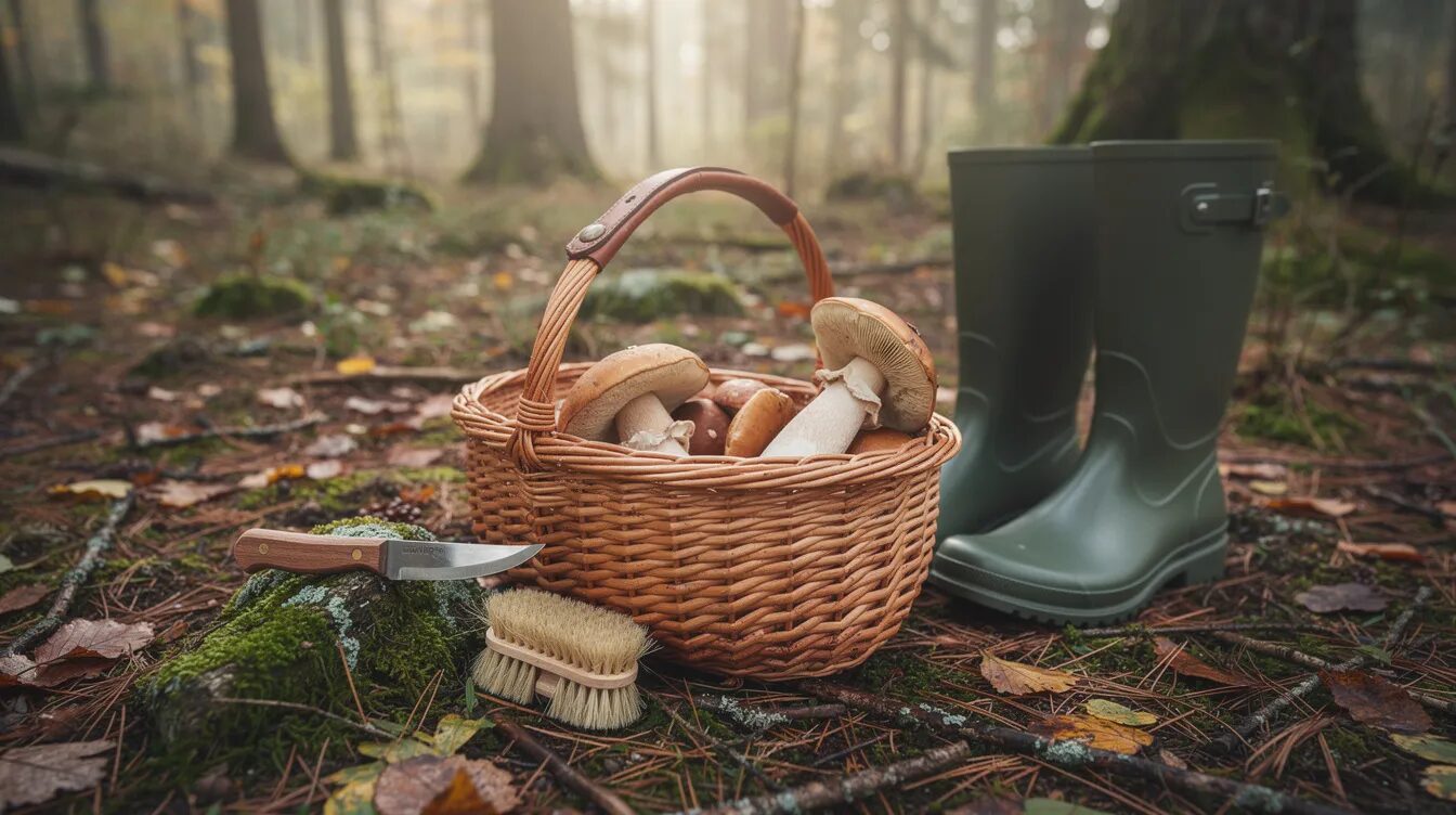 Auf dem Waldboden liegt eine Pilzsammelausrüstung, bestehend aus einem geflochtenen Korb, einem Messer, einer Bürste und Gummistiefeln, die bereit sind für das Pilzesammeln. Diese Ausrüstung ist ideal für Pilzsammler, die in der Hauptsaison nach verschiedenen Pilzarten wie Pfifferlingen und Steinpilzen suchen möchten.