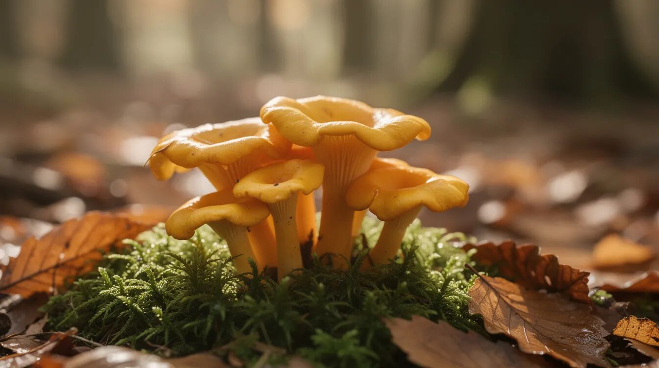 Eine Gruppe leuchtend dottergelber Pfifferlinge wächst auf moosbedecktem Waldboden, umgeben von Buchenblättern. Diese essbaren Pilze sind ein beliebtes Ziel für Pilzsammler während der Pilzsaison.