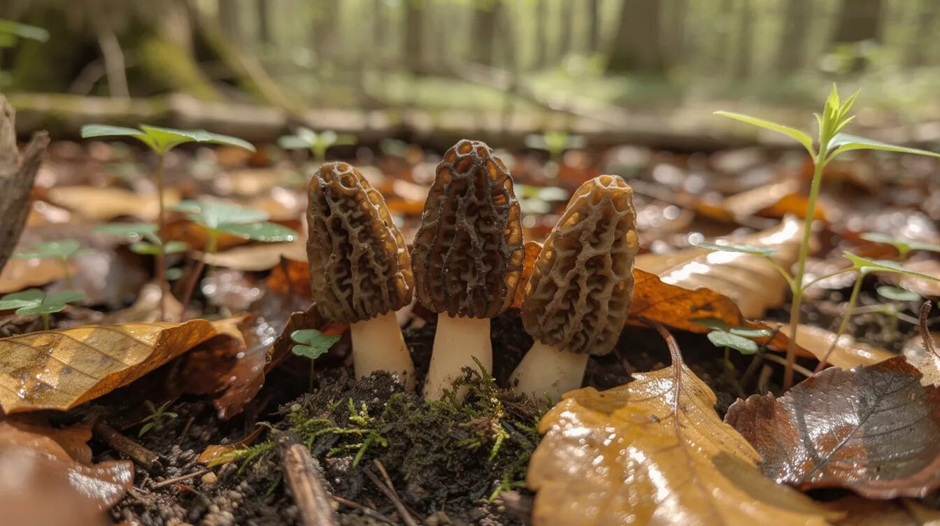 Auf dem feuchten Waldboden wachsen Morcheln zwischen Laub und kleinen Pflanzen im Frühling, ein Zeichen für die Pilzsaison. Diese Fruchtkörper sind bei Pilzsammlern sehr begehrt und ein wichtiger Teil des Ökosystems im Wald.