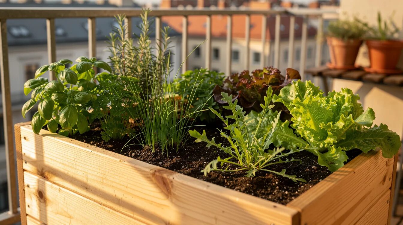 Ein kleines Holzhochbeet steht auf einem sonnigen Balkon und ist mit verschiedenen Kräutern und Salatpflanzen bepflanzt. Die sorgfältige Hochbeetbefüllung sorgt für optimale Wachstumsbedingungen und eine gute Nährstoffversorgung der Pflanzen.
