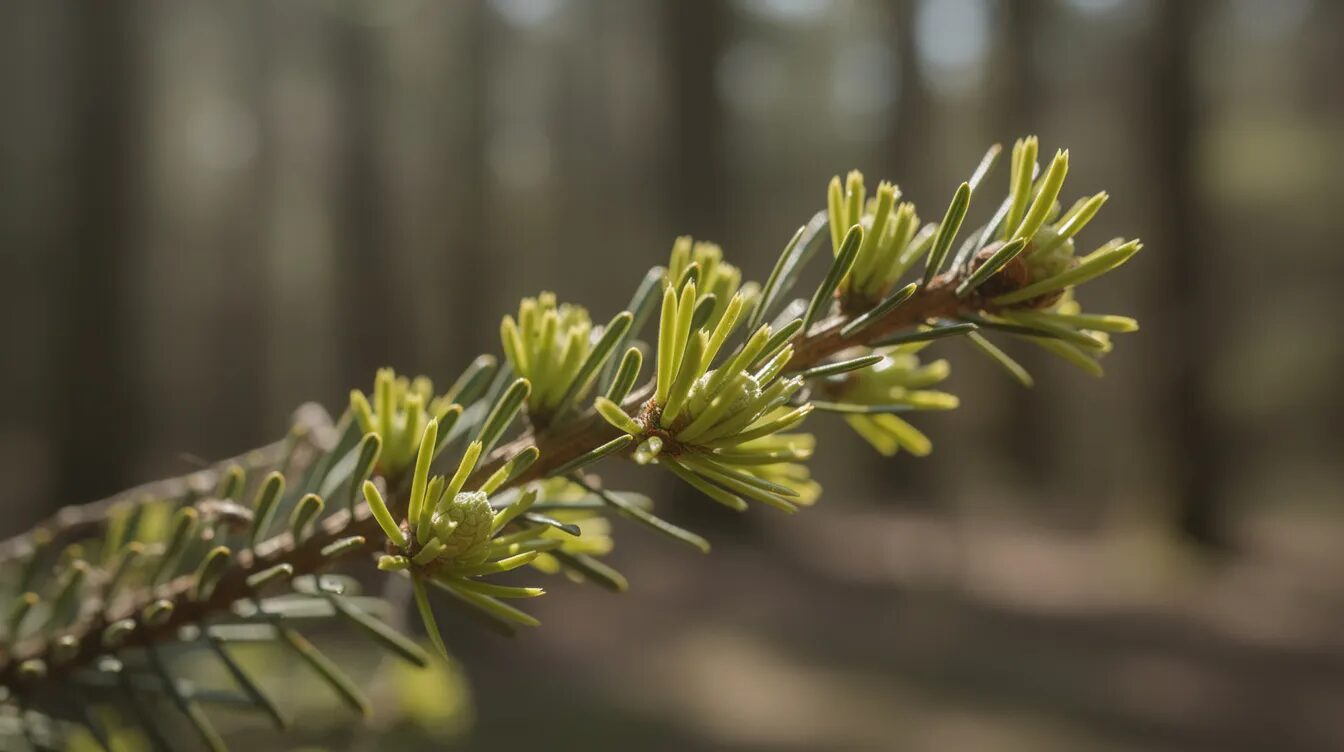 Eine Nahaufnahme von hellgrünen jungen Triebspitzen an einem Tannenzweig im Frühling, umgeben von einem unscharfen Waldhintergrund. Diese frischen Tannenspitzen sind reich an Vitamin C und können in der Küche für verschiedene Rezepte wie Sirup oder Gelee verwendet werden.