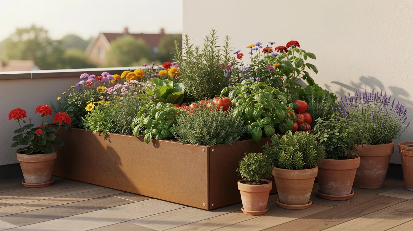 Ein dekoratives Hochbeet auf einer Terrasse ist reich bepflanzt mit bunten Blumen, Kräutern und verschiedenen Gemüsepflanzen wie Tomaten und Gurken. Umgeben von Terrakotta-Töpfen schafft es eine einladende Gartenatmosphäre und bietet eine Vielfalt an Nutzpflanzen für das ganze Jahr.