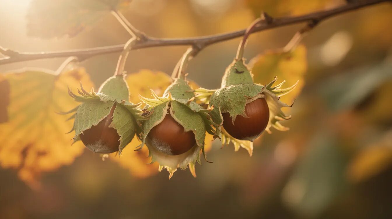 Reife Haselnüsse, umgeben von grünen Fruchthüllen, hängen an einem Zweig des Haselstrauchs und leuchten im warmen, herbstlichen Licht. Die Szene vermittelt die natürliche Schönheit der Jahreszeit und die Fülle der Früchte, die vor dem Winter geerntet werden können.
