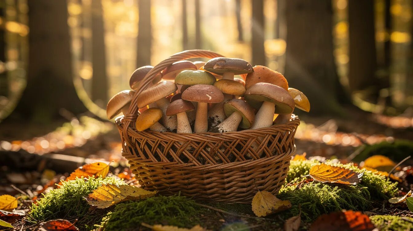 Ein geflochtener Korb voller frisch gesammelter Waldpilze, darunter Pfifferlinge und Steinpilze, liegt auf einem moosbedeckten Waldboden, während das sanfte Herbstlicht durch die Bäume scheint. Diese Szene vermittelt die Schönheit der Pilzsaison und lädt Pilzsammler ein, die vielfältigen Pilzarten in der Natur zu entdecken.