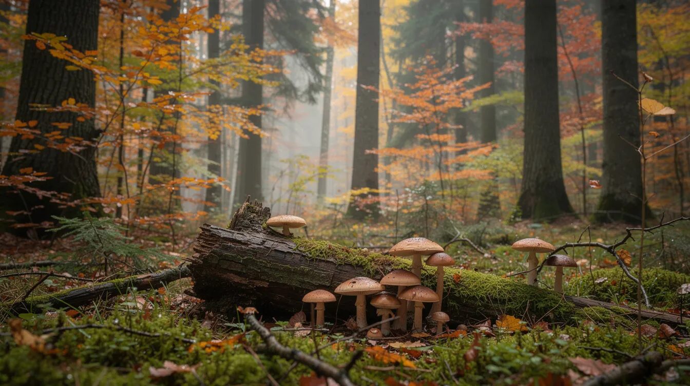 Ein herbstlicher Mischwald mit buntem Laub und Moos bedeckt den Boden, während verschiedene Pilze, darunter Pfifferlinge und Steinpilze, neben einem Baumstamm wachsen. Diese Szenerie ist ideal für Pilzsammler, die in der Pilzsaison auf der Suche nach den besten Pilzarten sind.
