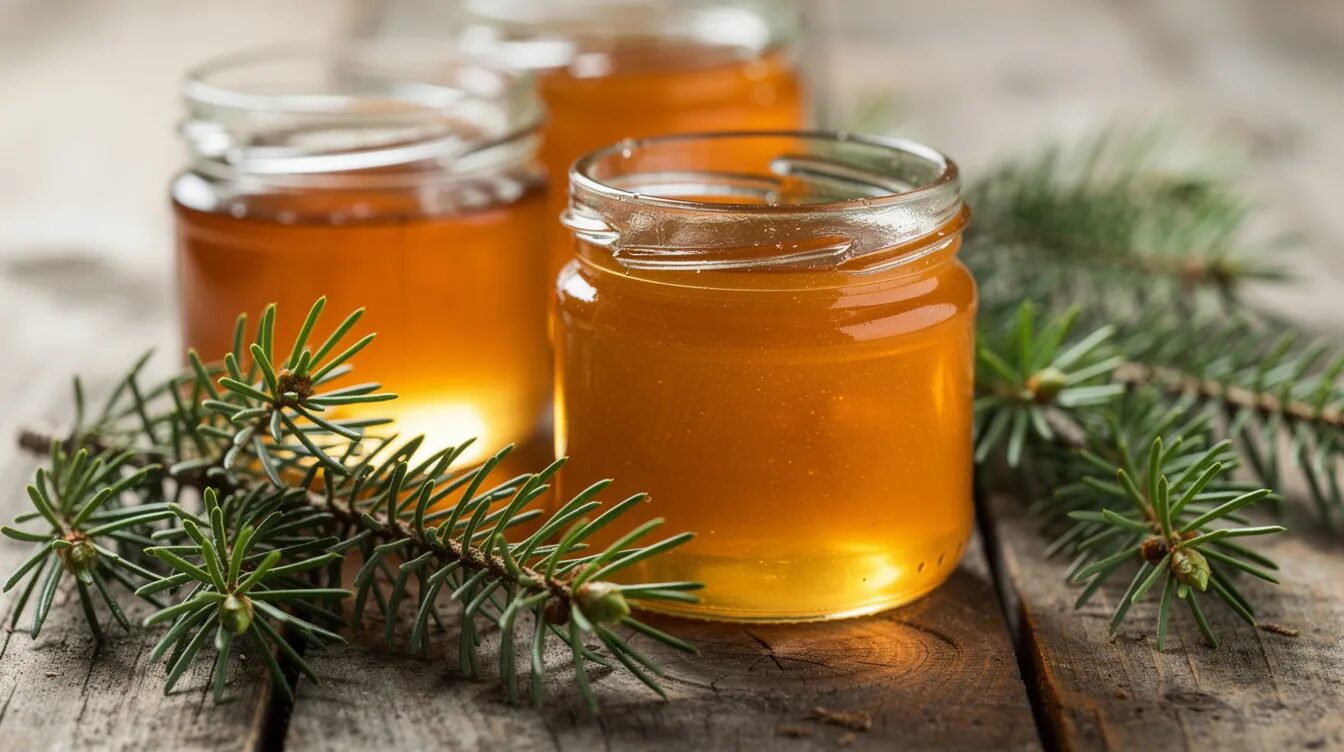 Auf einem Holztisch stehen Gläser mit goldenem Tannenspitzensirup und Gelee, umgeben von frischen grünen Trieben von Fichten und Tannen. Diese natürliche Köstlichkeit, die an den Frühling erinnert, bietet nicht nur Genuss, sondern auch die heilenden Eigenschaften von Tannenspitzen.
