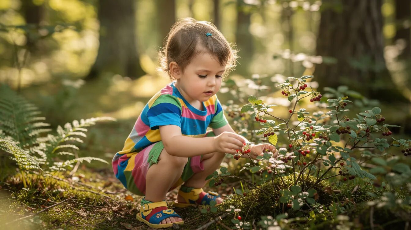 Ein kleines Kind in bunter Kleidung pflückt vorsichtig Beeren von einem niedrigen Strauch im sommerlichen Wald. Umgeben von grünen Pflanzen und Bäumen, genießt es die Erntezeit und entdeckt die Vielfalt der Waldbeeren.