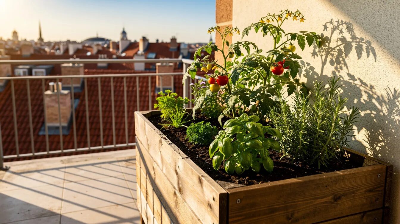 Ein sonniger Stadtbalkon mit Blick über die Dächer, auf dem ein Hochbeet aus Holz mit reifen Tomatenpflanzen und frischen Kräutern steht. Der Balkon bietet eine grüne Oase in der urbanen Umgebung, ideal für das Gärtnern und die Ernte eigener Pflanzen.