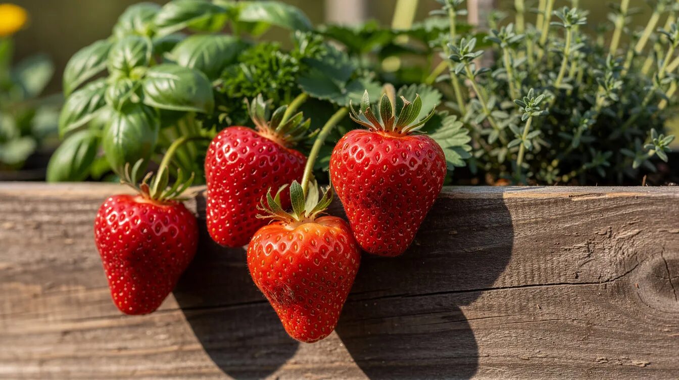 Reife Erdbeeren hängen über den Rand eines Holz-Hochbeets, während im Hintergrund verschiedene Kräuter zu sehen sind. Diese Szene zeigt die Vielfalt der Hochbeet-Bepflanzung und die Freude am eigenen Gartenanbau.