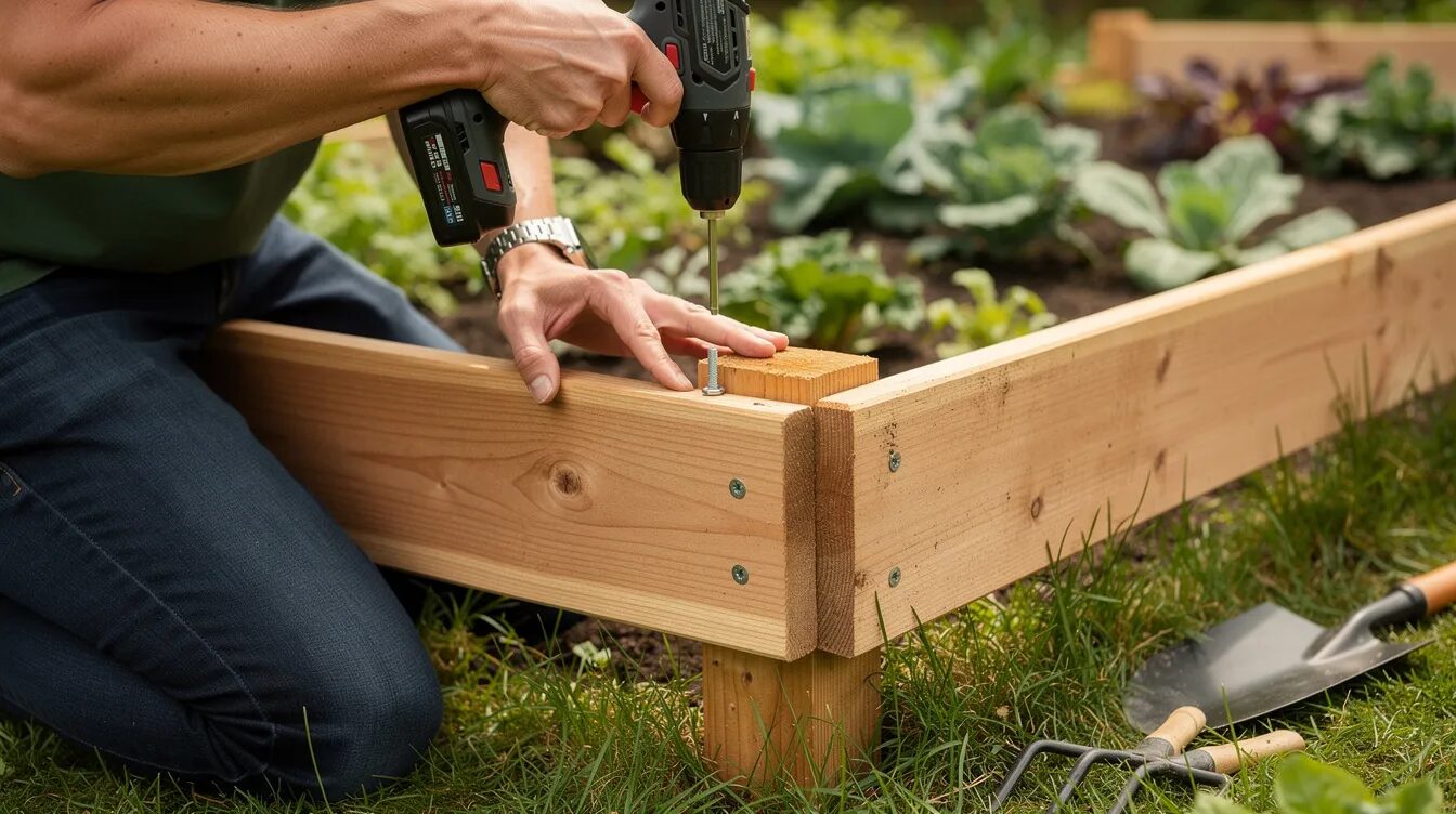 Eine Person schraubt Holzbretter an die Eckpfosten eines Hochbeet-Rahmens im Garten, um ein Hochbeet aus Holz zu bauen. Die Szene zeigt den Schritt-für-Schritt-Aufbau, der für den Gemüseanbau und das Gärtnern wichtig ist.