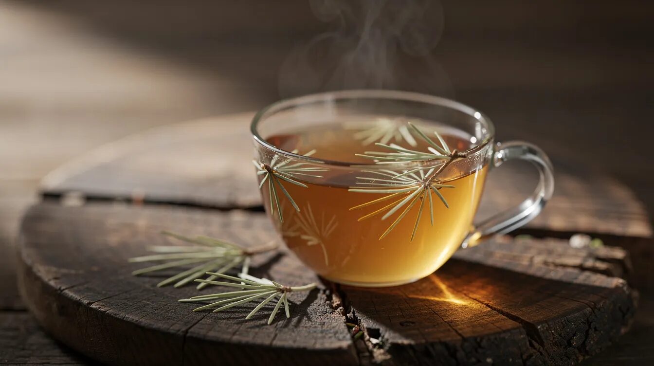 Ein rustikales Holzbrett trägt eine Tasse Tee, die mit hellgrünen Tannennadeln dekoriert ist. Die Tannenspitzen verleihen dem Getränk eine frische Note und erinnern an den Frühling im Garten.