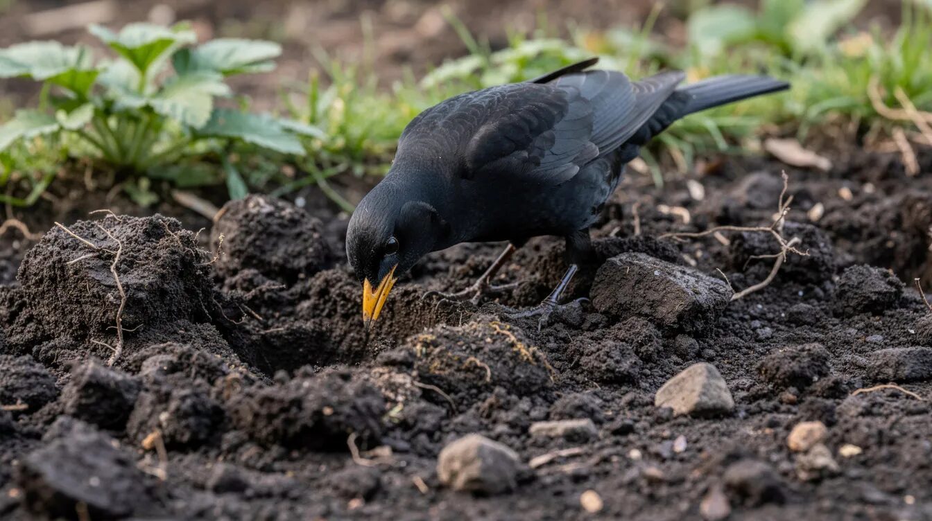 Eine Amsel sucht in frisch umgegrabener dunkler Gartenerde nach Insekten, während sie zwischen den feuchten Erdklumpen umherstreift. In der Erde könnten sich Engerlinge oder andere Schädlinge verstecken, die für Pflanzen im Garten schädlich sein können.