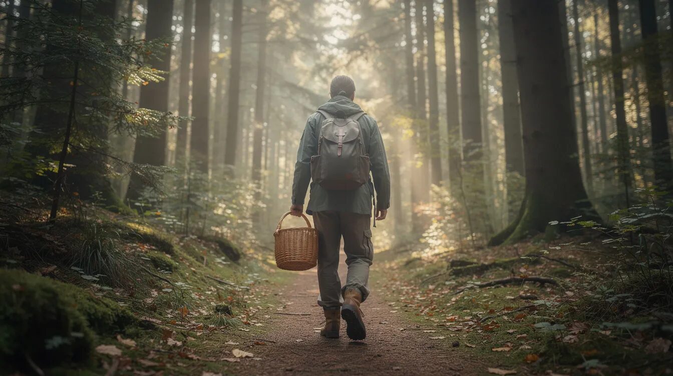 Eine Person in Wanderkleidung trägt einen geflochtenen Korb und geht auf einem schmalen Waldweg, umgeben von hohen Bäumen. Der Weg lädt dazu ein, Waldbeeren wie Himbeeren und Brombeeren zu sammeln, während die Natur im Herbst ihre Farben zeigt.