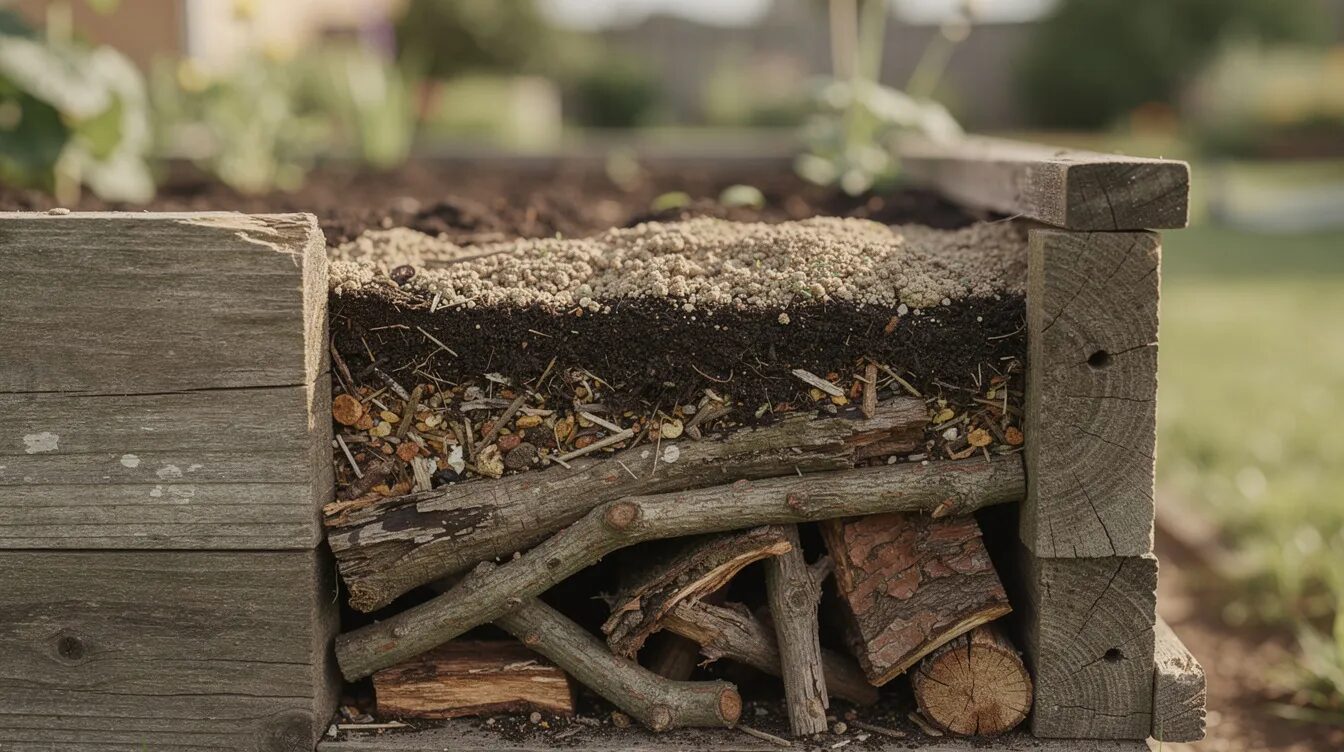 Nahaufnahme eines offenen Hochbeets aus Holz, in dem verschiedene Erdschichten, grobe Äste und andere Materialien sichtbar sind, die für die richtige Befüllung und Nährstoffversorgung der Pflanzen wichtig sind. Dieses Bild zeigt den Schichtaufbau, der für ein erfolgreiches Pflanzenwachstum im Garten entscheidend ist.