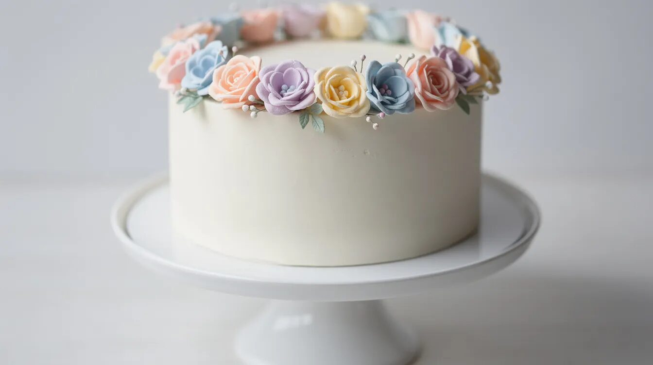 Die einstöckige weiße Torte ist elegant dekoriert mit einem Kranz aus pastellfarbenen essbaren Blüten, der dem Gebäck einen frischen und natürlichen Look verleiht. Diese Tortendekoration eignet sich hervorragend für besondere Anlässe wie Hochzeiten oder festliche Feiern.