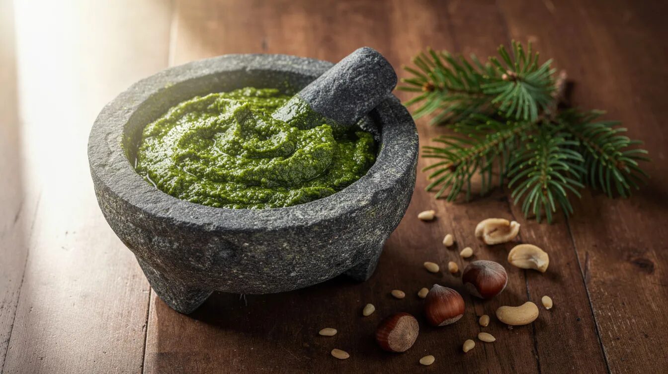 Ein Steinmörser mit frisch zubereitetem grünem Pesto steht neben Tannenspitzen und Nüssen, die die natürlichen Zutaten für köstliche Rezepte symbolisieren. Die frischen Triebe und Nüsse verleihen dem Pesto einen einzigartigen Geschmack und sind Teil der heilsamen Eigenschaften aus der Natur.