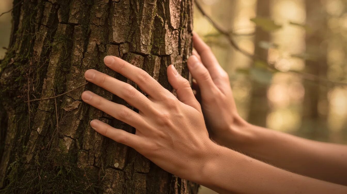 Eine Nahaufnahme von Händen, die sanft die raue Rinde eines Baumes berühren, während im Hintergrund weiches Waldlicht durch die Blätter strahlt. Diese Szene vermittelt ein Gefühl von Ruhe und Entspannung, ideal für Waldbaden-Übungen zur Stressbewältigung und Stärkung des Immunsystems.