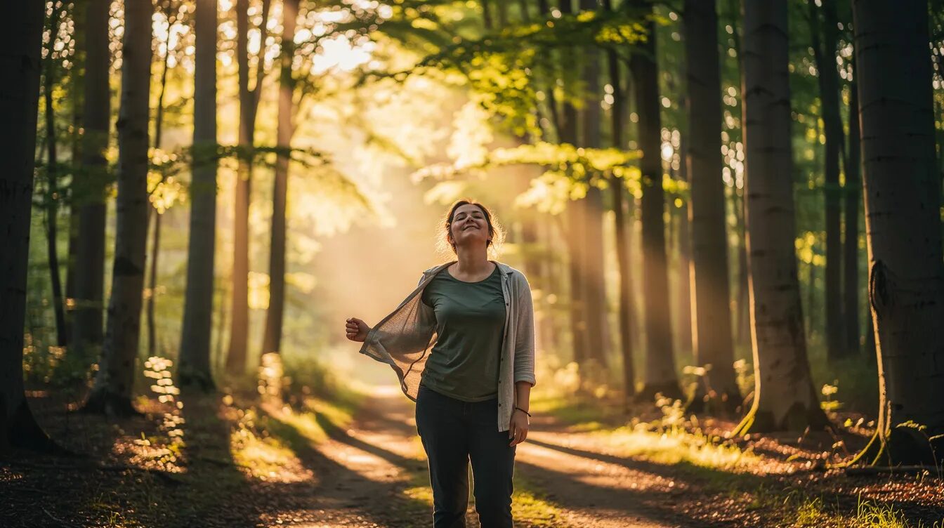 Eine Person steht auf einem sonnendurchfluteten Waldweg, umgeben von hohen Buchen, und atmet tief ein, während sie die Ruhe und Energie der Natur genießt. Diese Szene verkörpert die Prinzipien des Waldbadens und bietet eine Möglichkeit zur Entspannung und Stressbewältigung.