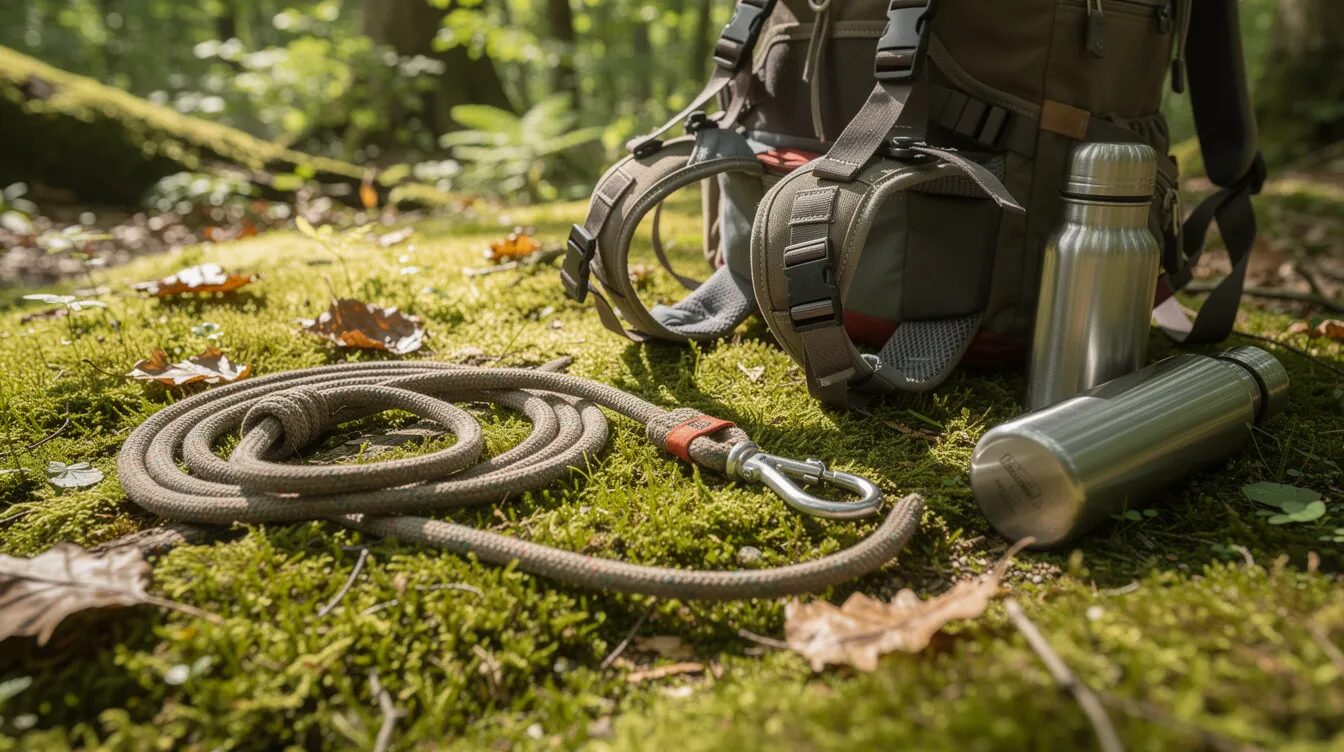 Auf einem moosigen Waldboden liegen eine Schleppleine, ein Geschirr und eine kleine Thermoskanne neben einem Rucksack, die auf einen entspannten Waldspaziergang mit Hund hinweisen. Diese Szene vermittelt eine ruhige Atmosphäre, die zum Waldbaden und zur Entspannung einlädt.