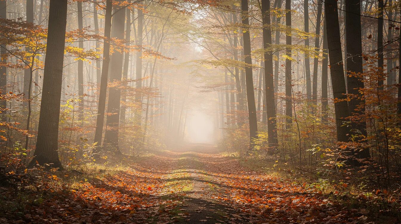 Ein herbstlicher Waldweg ist mit buntem Laub bedeckt, während leichter Nebel zwischen den Baumstämmen schwebt. Diese ruhige Waldatmosphäre lädt zu einem entspannenden Aufenthalt im Wald ein, ideal für das Waldbaden und um die positive Wirkung der Natur auf Körper und Seele zu genießen.