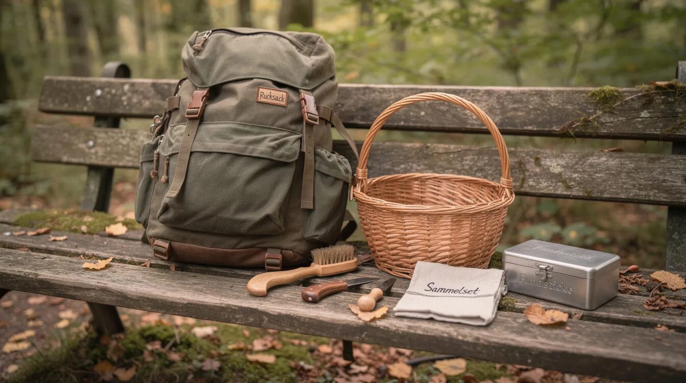 Ein gepackter Rucksack liegt neben einem Weidenkörbchen und verschiedenen Sammelutensilien auf einer Holzbank im Freien, umgeben von der Natur. Diese Szene lädt zu einer Kräuterwanderung ein, bei der Teilnehmer die Vielfalt der Wildkräuter entdecken und deren Heilkräfte kennenlernen können.