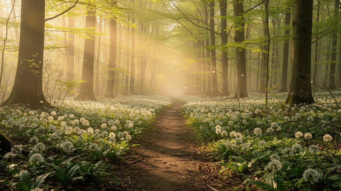 Ein frühlingshafter Waldweg ist mit blühendem Bärlauch gesäumt, während Sonnenstrahlen durch die Baumkronen fallen und die Natur erleuchten. Diese Szenerie lädt zu einem Spaziergang ein, um die Vielfalt der Wildkräuter und ihre Heilkraft zu entdecken.