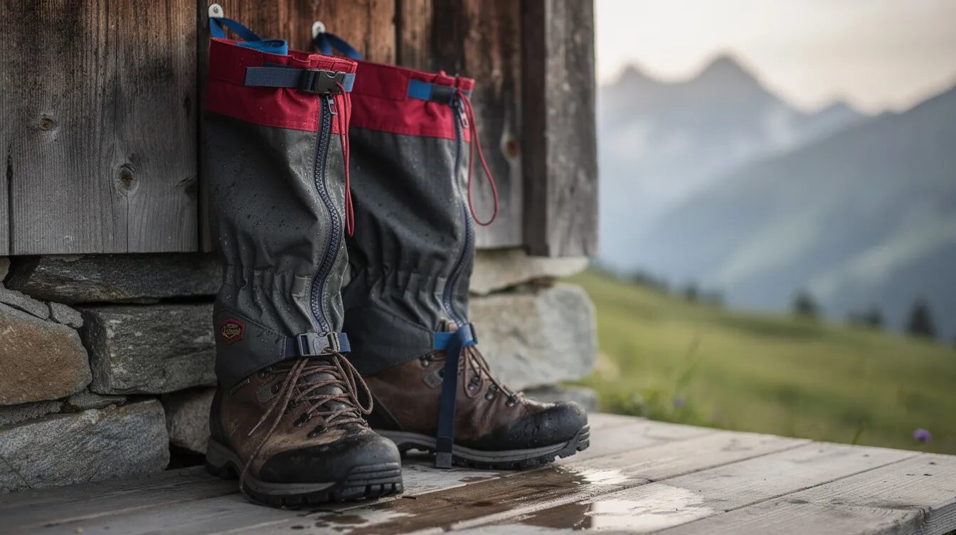 Auf dem Bild sind ein Paar Gamaschen zum Trocknen aufgehängt, neben robusten Wanderschuhen, vor einer Berghütte. Die Gamaschen bieten Schutz vor Schmutz und Wasser, während die Wanderschuhe bereit für das nächste Abenteuer sind.
