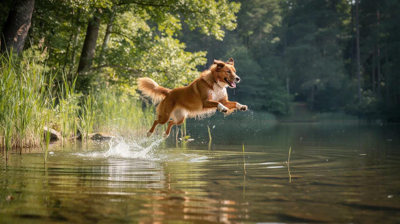 Ein fröhlicher Hund springt in einen klaren Waldsee, umgeben von hohen Bäumen und Schilf. Diese Szene zeigt die Schönheit der Natur und das Abenteuer des Hundewanderns in einer idyllischen Umgebung.