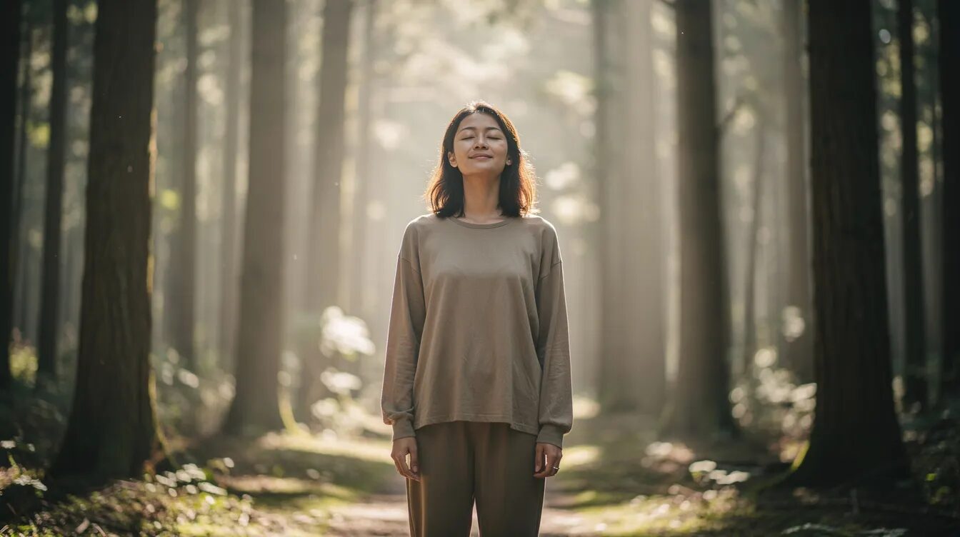 Eine Person steht mit geschlossenen Augen und genießt die Ruhe und die Atmosphäre des Waldes zwischen hohen Baumstämmen. Umgeben von Licht und der heilsamen Waldluft, erlebt sie beim Waldbaden eine tiefe Entspannung und Achtsamkeit.