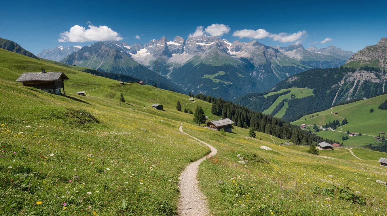 Ein panoramischer Blick auf ein grünes Tal in den deutschen Alpen zeigt einen malerischen Wanderweg, der sich durch alpine Wiesen schlängelt, während im Hintergrund schneebedeckte Gipfel zu sehen sind. Diese Landschaft ist ein wahres Wanderparadies und lädt zu unvergesslichen Wanderungen in der Natur ein.
