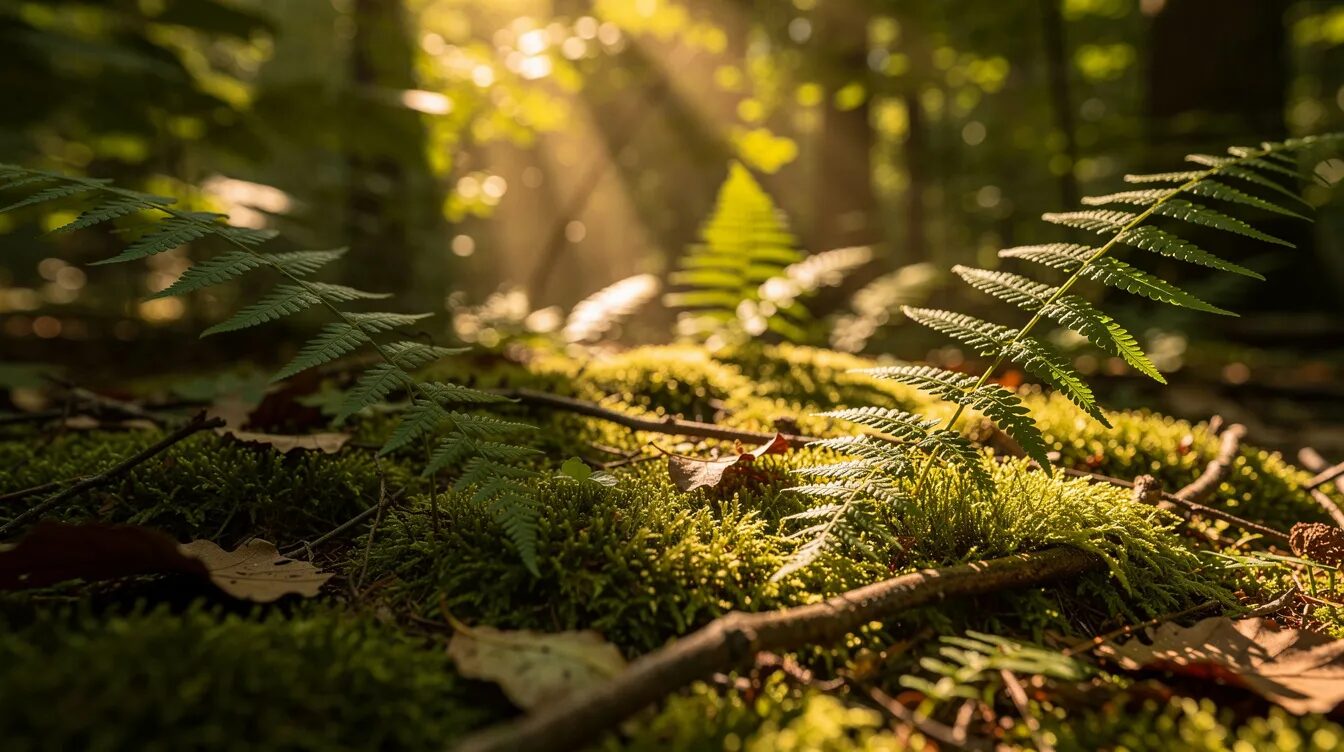 Ein Waldboden ist mit weichem Moos und zarten Farnblättern bedeckt, während Sonnenstrahlen durch das dichte Blätterdach fallen und eine ruhige Atmosphäre schaffen. Diese Szene lädt zur Entspannung und zum Waldbaden ein, ideal für Übungen zur Stressbewältigung und zur Stärkung des Immunsystems.