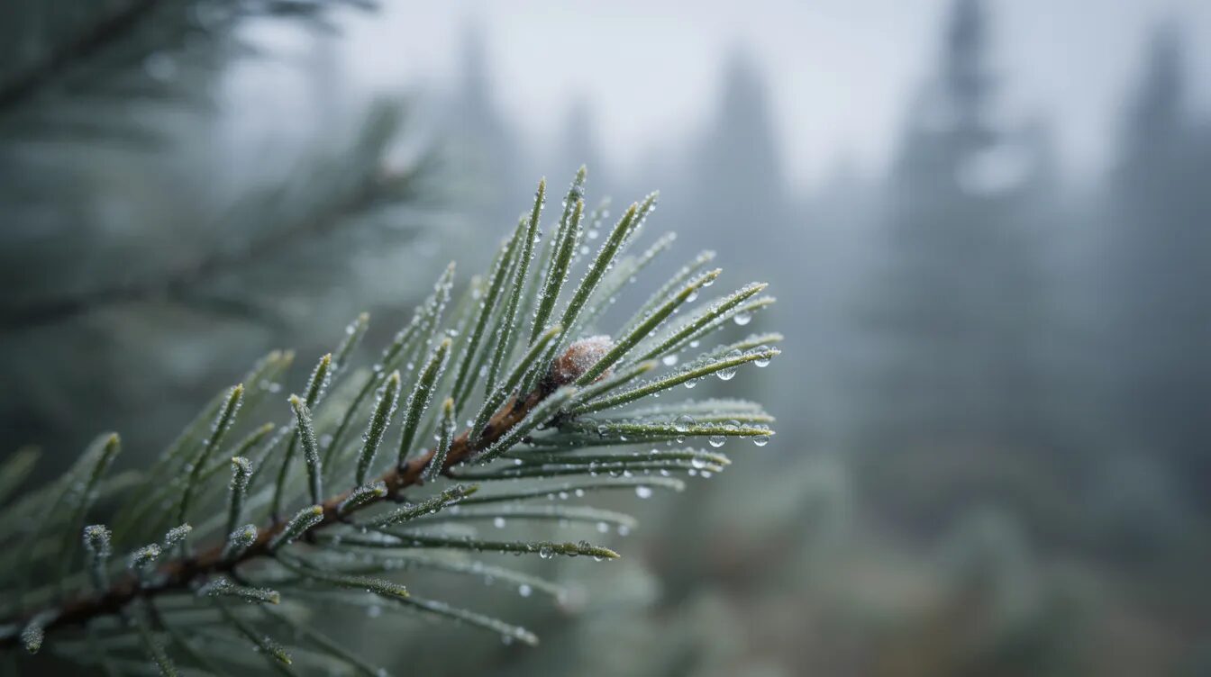 Eine Nahaufnahme von Kiefernnadeln, die mit Tautropfen bedeckt sind, vor einem unscharfen Morgennebel im Nadelwald. Diese Szene vermittelt die Ruhe und die heilende Atmosphäre des Waldes, ideal für das Waldbaden und die Regeneration der Seele und des Körpers.