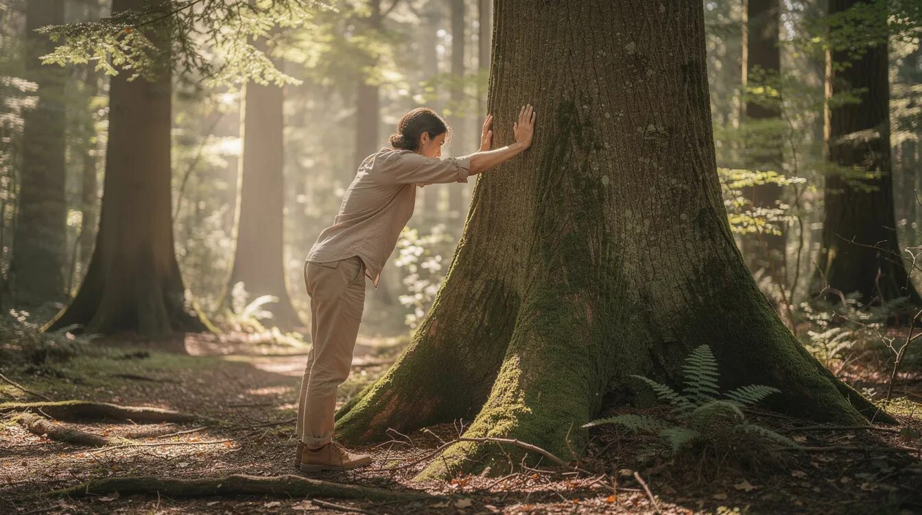 Eine Person lehnt mit den Handflächen an einem großen Baumstamm in einem stillen Wald und genießt die Ruhe der Natur. Diese Szene verkörpert das Konzept des Waldbadens, das Entspannung und Stressabbau fördert und somit zur Gesundheit und zum Wohlbefinden beiträgt.