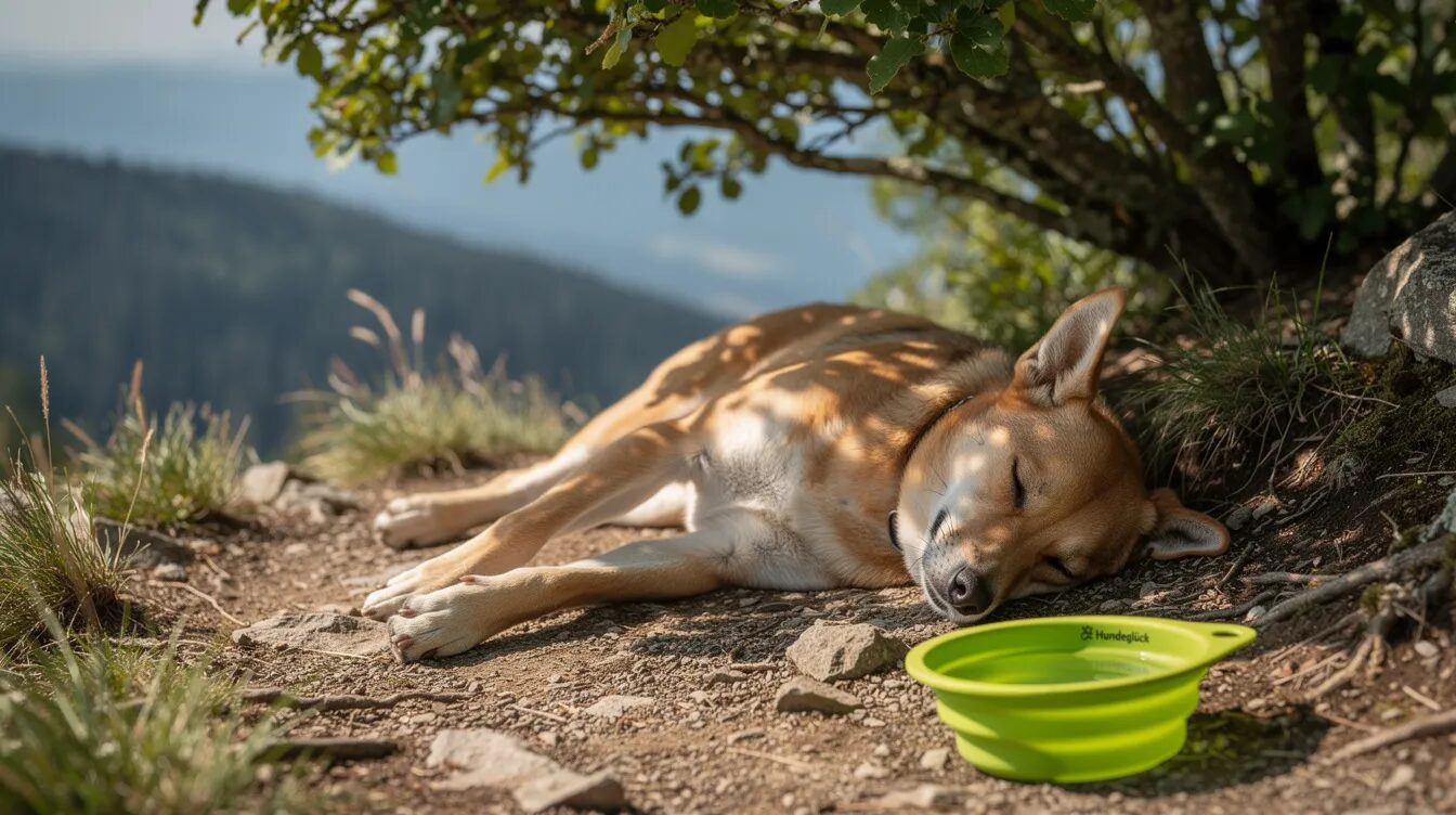 Ein entspannter Hund liegt im Schatten eines Baumes während einer Wanderpause, neben ihm befindet sich ein faltbarer Wassernapf. Diese Szene zeigt einen Moment der Ruhe in der Natur, ideal für Hundehalter, die mit ihrem Vierbeiner die Umgebung erkunden.