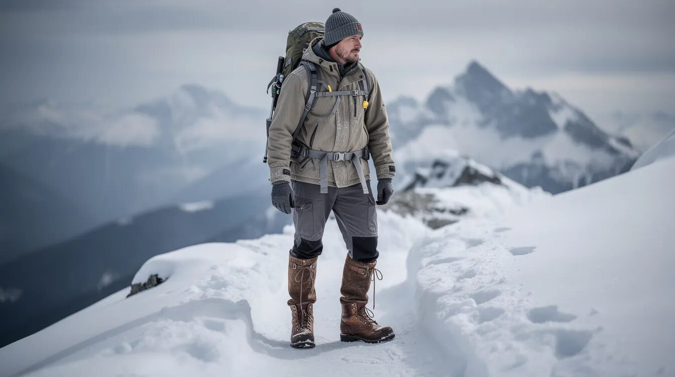 Ein Wanderer geht auf einem verschneiten Bergpfad und trägt kniehohe Gamaschen über seinen Bergstiefeln, die Schutz vor Wasser und Schmutz bieten. Die Szene vermittelt das Gefühl von Abenteuer und Naturverbundenheit beim Wandern in winterlicher Umgebung.