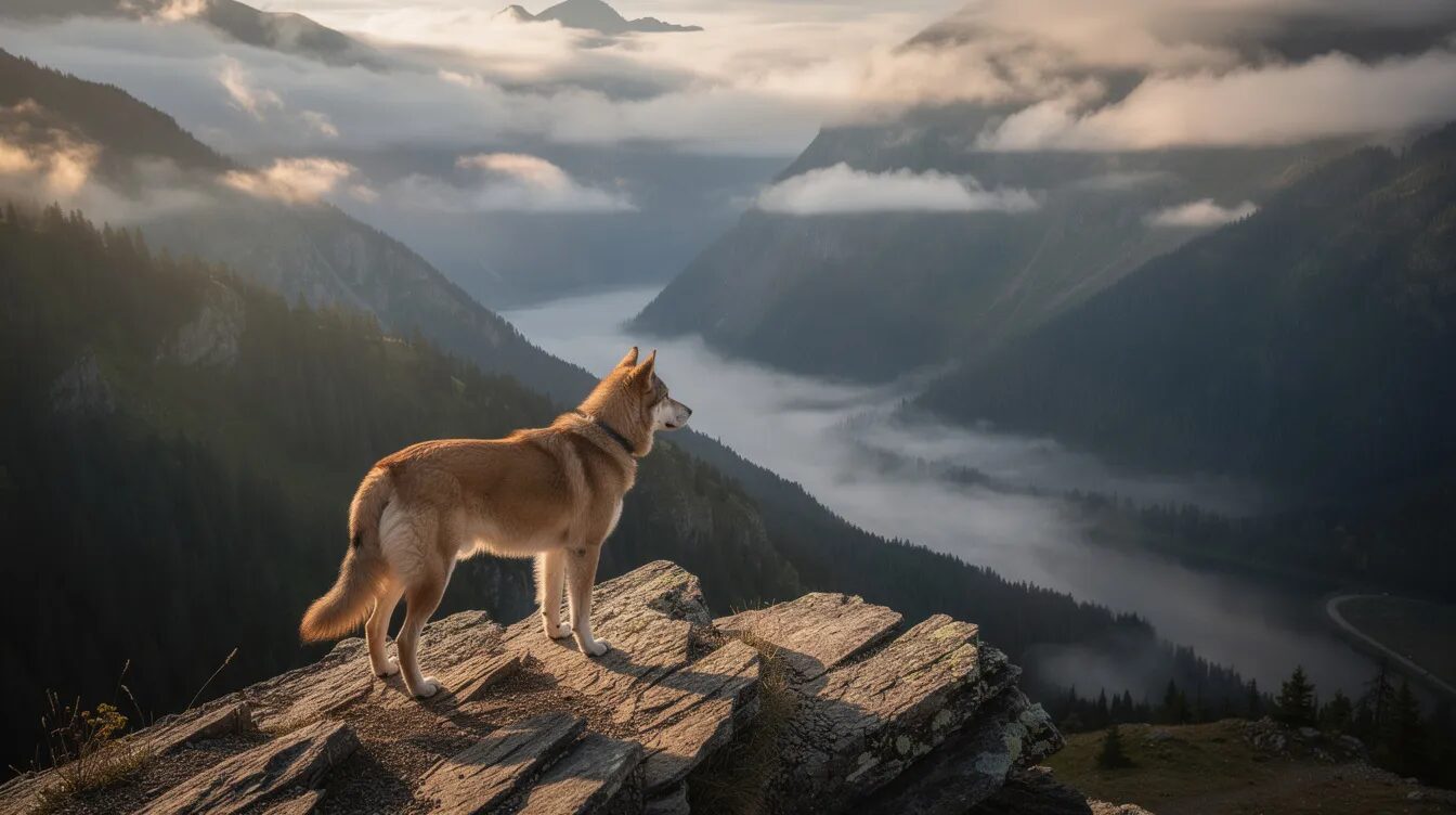 Ein Hund steht auf einem felsigen Aussichtspunkt und blickt über eine beeindruckende Berglandschaft mit Nadelwäldern und einem nebligen Tal. Diese Szene vermittelt das Gefühl von Abenteuer und Naturverbundenheit beim Wandern mit Hund.