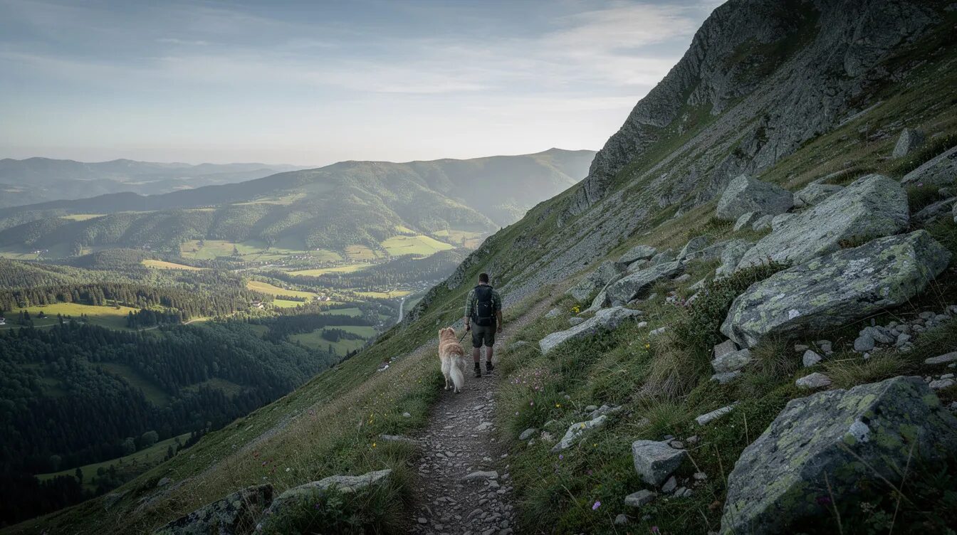 Ein Mensch und ein mittelgroßer Hund wandern gemeinsam auf einem schmalen Bergpfad, umgeben von üppiger Natur und mit weitem Blick über ein grünes Tal. Die beiden genießen die Wanderung in der malerischen Landschaft, die ideal für Hundebesitzer und Naturliebhaber ist.
