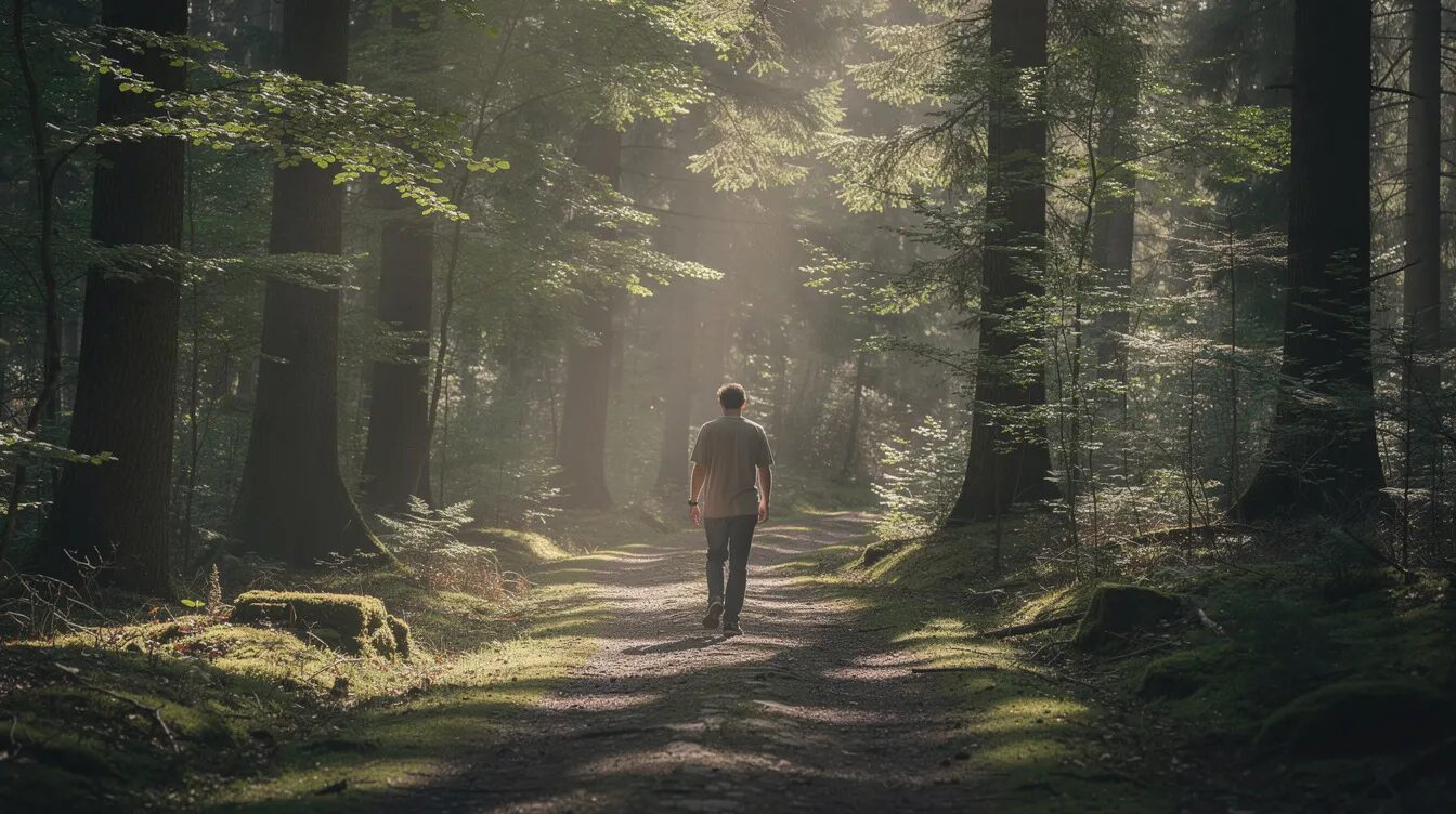 Eine einzelne Person geht langsam auf einem schmalen Waldweg, während Sonnenstrahlen durch die Baumkronen fallen und den moosbedeckten Boden erleuchten. Diese Szene vermittelt die Ruhe und die heilende Kraft des Waldes, die beim Waldbaden und Waldspaziergang erlebt werden kann.
