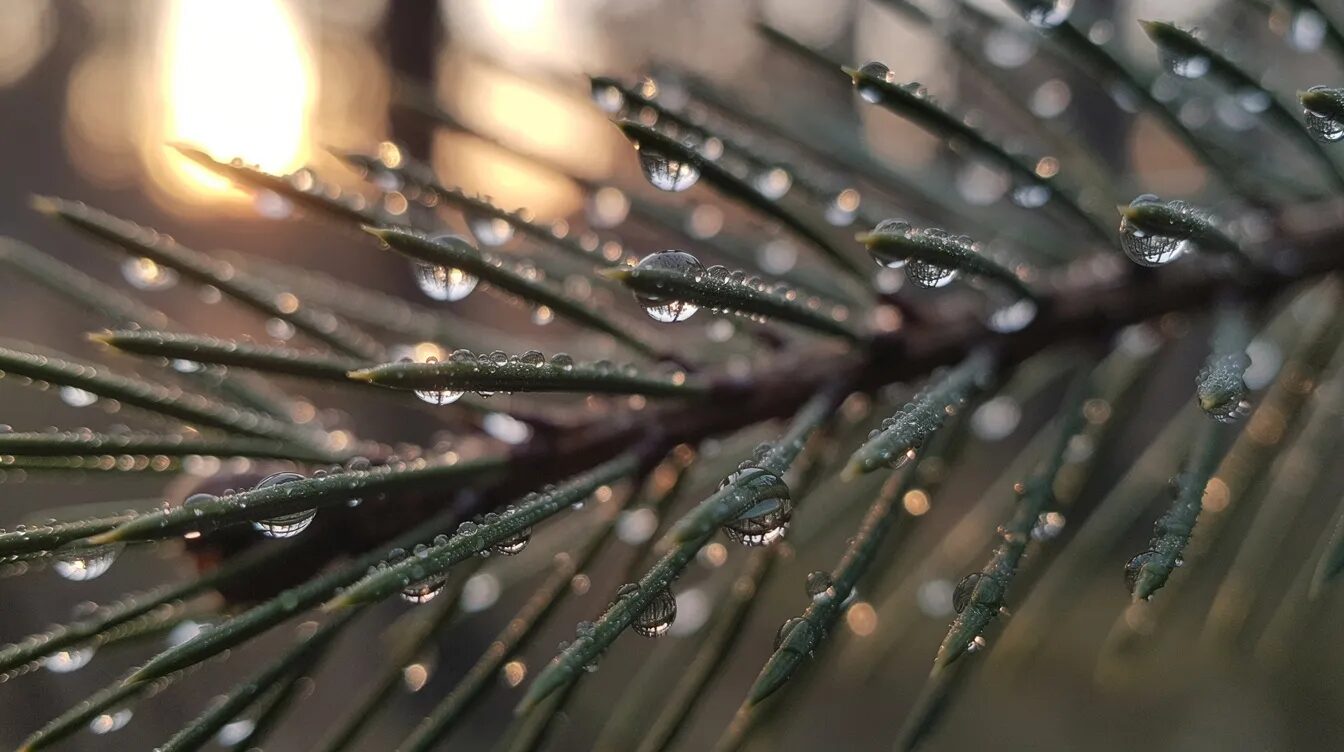 Eine Nahaufnahme von Kiefernnadeln, die mit glitzernden Tautropfen im sanften Morgenlicht bedeckt sind, vermittelt die ruhige Atmosphäre des Waldes. Diese Szene lädt dazu ein, beim Waldbaden die heilsame Kraft der Natur und die frische Waldluft zu genießen.