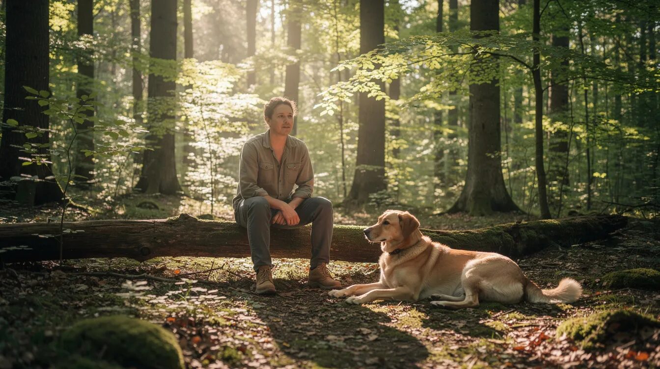 Ein Mensch sitzt ruhig auf einem Baumstamm in einer Waldlichtung, während ein Hund entspannt daneben auf dem Waldboden liegt. Diese Szene vermittelt eine Atmosphäre der Ruhe und Gelassenheit, ideal für ein Waldbaden-Entspannungsprogramm.