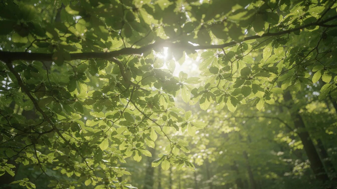 Das Bild zeigt einen Blick von unten in ein dichtes, grünes Blätterdach, durch das einzelne Sonnenstrahlen fallen und die Waldatmosphäre erhellen. Diese Szenerie vermittelt die Ruhe und die heilende Kraft des Waldes, ideal für einen Aufenthalt beim Waldbaden und zur Förderung des Wohlbefindens.
