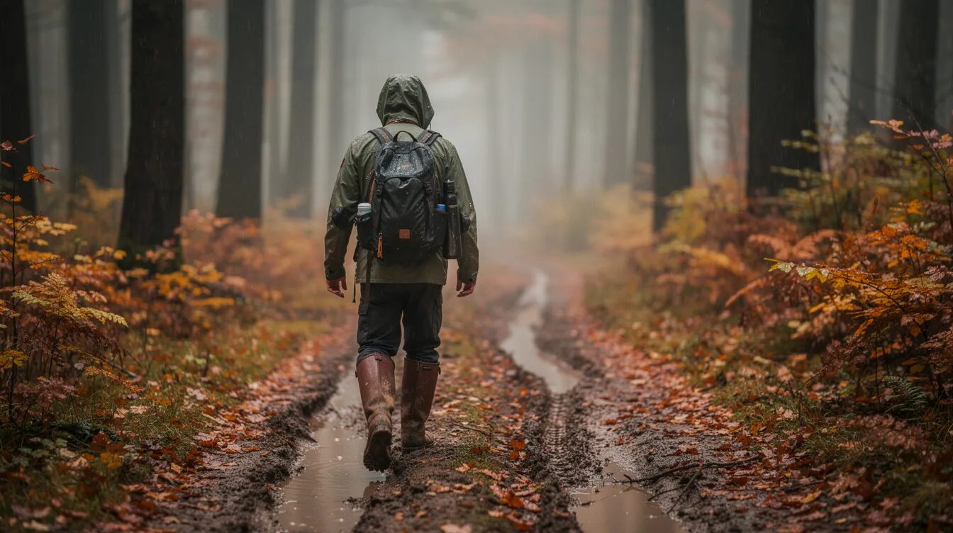 Ein Wanderer trägt Gamaschen und wandert auf einem schlammigen Waldweg, während leichter Regen fällt und die bunten Herbstblätter um ihn herum fallen. Die Gamaschen bieten Schutz vor Schmutz und Nässe, während er die Natur im Freien genießt.