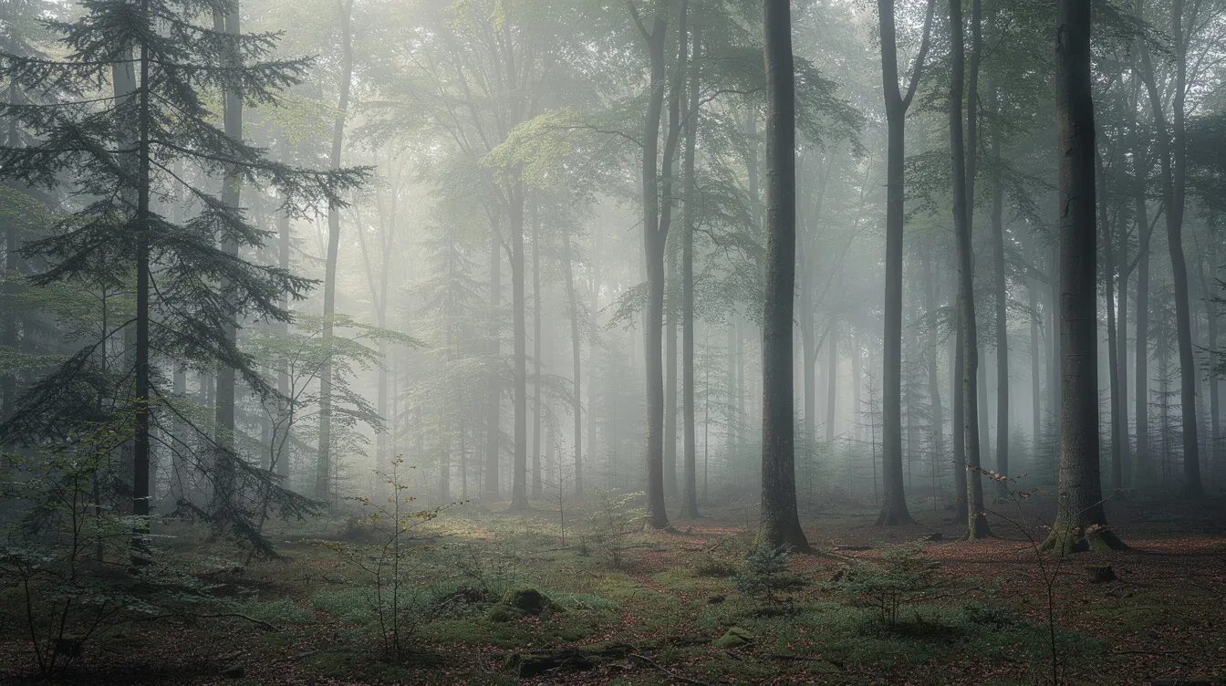 Ein Panoramablick auf einen dichten deutschen Mischwald mit majestätischen Buchen und Fichten, umhüllt von einem mystischen Nebel an einem ruhigen Morgen. Diese Atmosphäre des Waldes lädt zum Waldbaden ein und fördert die Gesundheit und das Wohlbefinden durch die heilende Kraft der Natur.